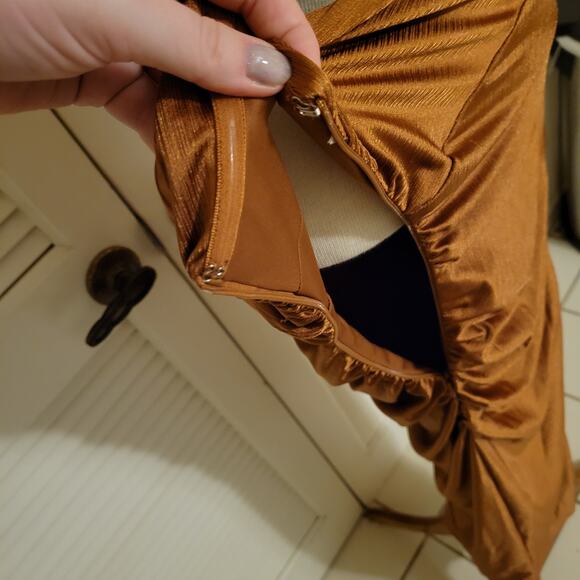 Ruched Strapless Satin Midi Dress Brown Lulu's Small Evening Cocktail - Picture 7 of 9